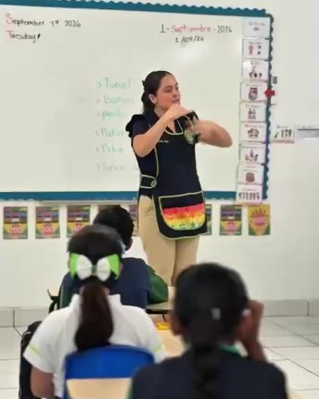 Maestra de primaria explicando frente al pizarrón a su grupo