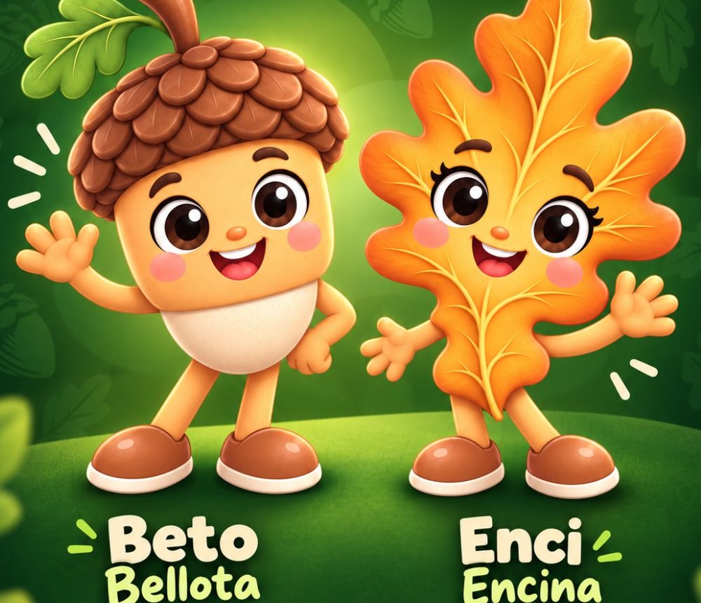 Beto Bellota y Enci Encina, las mascotas de Colegio Encinos: una bellota y una hoja de encino sonrientes